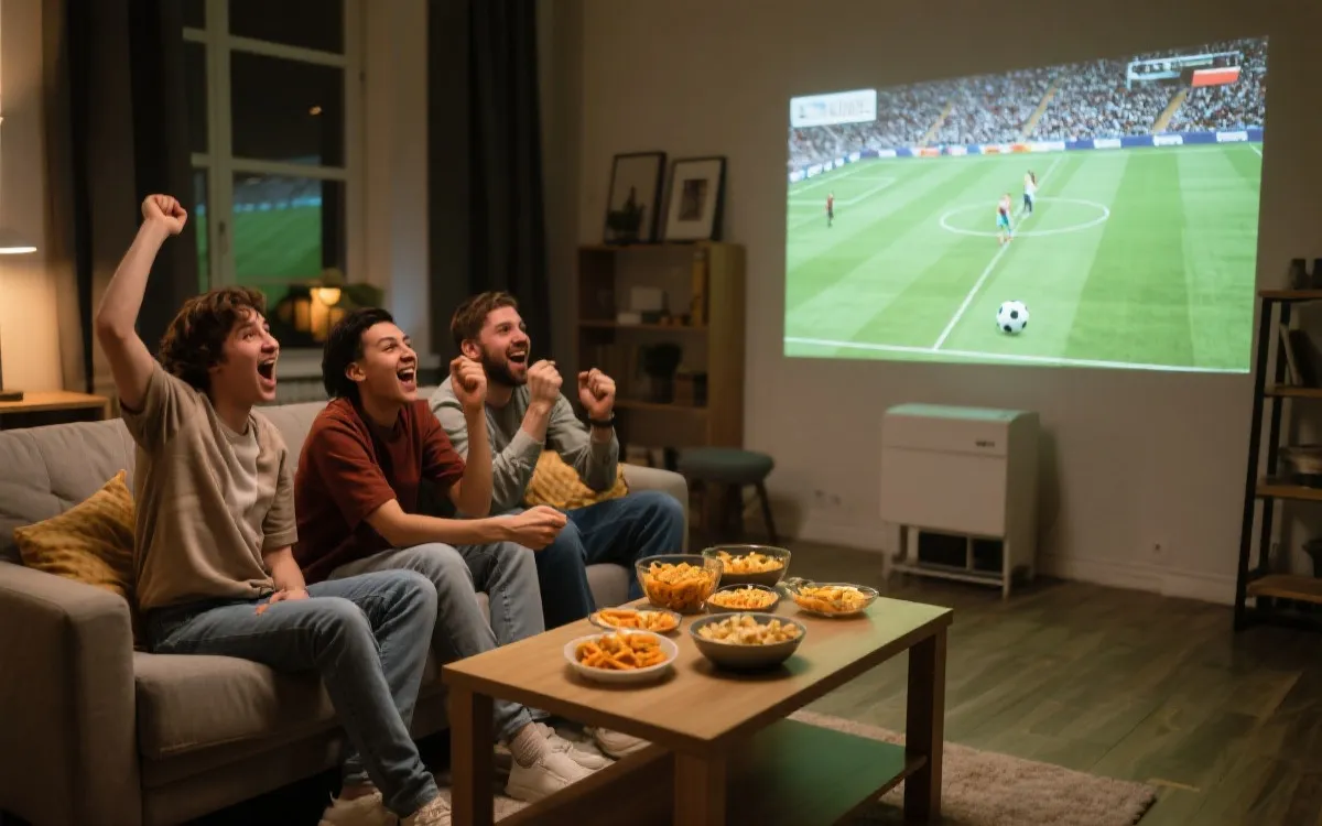 多人在客厅围坐观看投影上的足球比赛，桌上有小食与饮料，氛围热烈