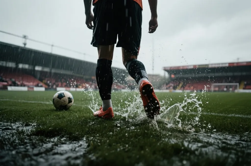 体育场在阴天或小雨中，草皮湿润，球员脚下溅起水花的比赛氛围